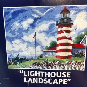 DMC Needlepoint Canvas‎ Kit Lighthouse Landscape 8x10 Red White Stripe NC025 New